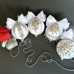 Christmas rhinestones white ornaments, handmade balls in gift box, Xmas decorations, Tree decor set, New Year tree balls