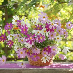 Flowers in a basket photography, digital download, still life printable, bouquet of cosmos photo, cosmos art