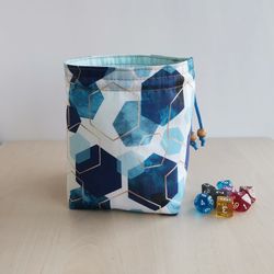 Large dice bag with pockets for 150-200 dice Blue hexagons