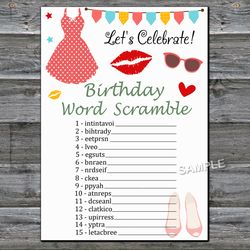 Ladies theme Birthday Word Scramble Game,Adult Birthday party game-fun games for her-Instant download