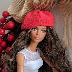 Barbie beret, doll accessory, 1:6 doll hat in vintage style, French chic, red hat for doll, winter clothes for doll.