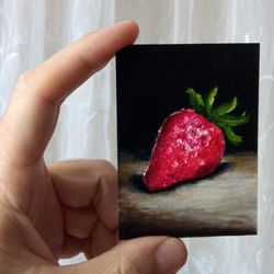 strawberry painting aceo original art tiny painting berry wall art fruit art food artwork 3.5" by 2.5" by timpaintings