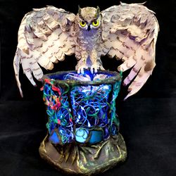 Owl night lamp. Unusual fantasy composition. Animal sculpture