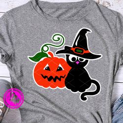 Pumpkin Jack-o-Lantern face svg Black cat clipart Halloween shirt design Digital download