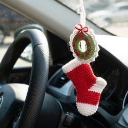 Cute Christmas stocking and wreath car accessory for women, rear view mirror charm, car pendant, winter car hanging
