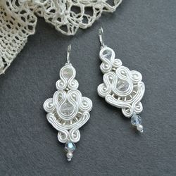 Bridal earrings, Wedding earrings, White earrings, Soutache bead embroidered earrings, Statement earrings