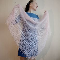 Lace shawl hand knit, triangle mohair shawl women
