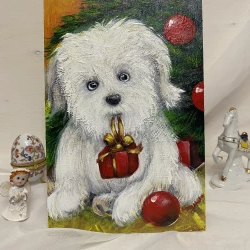 Christmas puppy painting. Custom dog portrait.