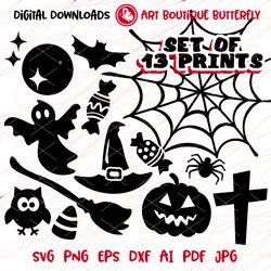 Bundle Halloween signs Spiderweb bat ghost owl moon candies Witch hat and broom clipart Digital download