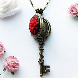Handmade Unique Vintage Locket Rose Key Necklace