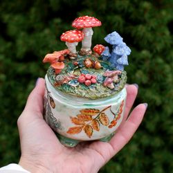 Porcelain handmade box Mushroom figurines Casket with lid Ceramic jewelry box Little sugar bowl Forest fairy tale