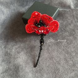 red poppy flower brooch embroidered from beads and crystals