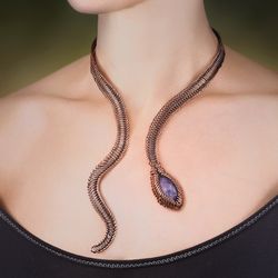 Snake necklace with natural amethyst / Wire wrapped art festive copper necklace / Unique handmade open choker for woman
