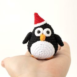 Stuffed penguin in hat Christmas gift idea, cute crochet little penguin figurine, stuffed handmade animals toys