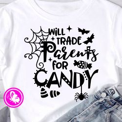 Will Trade Parents For Candy quote humorous Halloween print Spiderweb Bats Candies clipart svg Digital downloads
