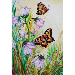 watercolor painting, original, flowers and butterflies, handmade, inexpensive