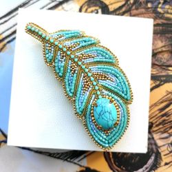 Feather brooch, turquoise brooch, brooch pin, beaded brooch, mothers day, gift for friend, handmade gifts, brooch, pin