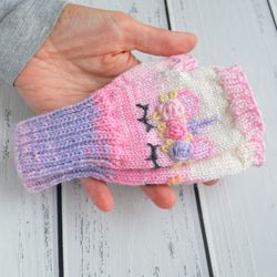Pink Wool Finger less Gloves for kid 6-8 years old,handmade, hand knitted, wool arm warmers, soft yarn, unicorn