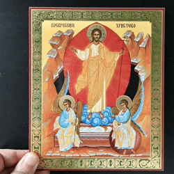 Resurrection Jesus Christ icon  |  Silver foiled icon lithography mounted on wood | Size: 8 3/4"x7 1/4"