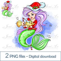 Christmas Mermaid 2 PNG files Merry Christmas clipart Little Mermaid Sublimation Sea Princess design Digital Download