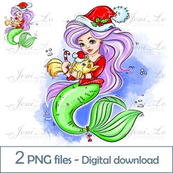 christmas mermaid 2 png files merry christmas clipart little mermaid sublimation sea princess design digital download