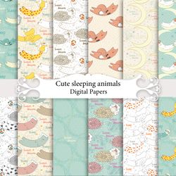 cute sleeping animals, seamless patterns.