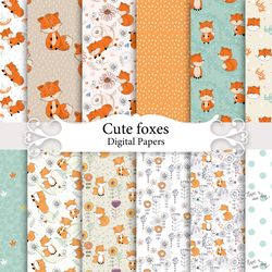 Cute foxes, seamless patterns.