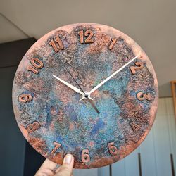 Brown wall clock with numbers Blue art patina Farmhouse wall clock Handmade clock Art wall clock Old aged copper color