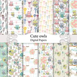 cute owls, seamless patterns.