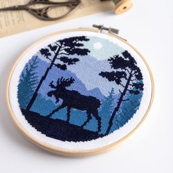 Moose Forest Landscape Cross Stitch Pattern