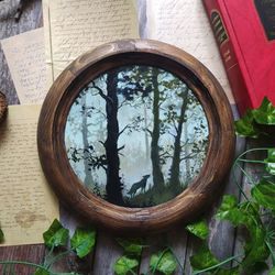 Original round oil painting with wolf in the forest, Wolf art, Fantasy forest creature
