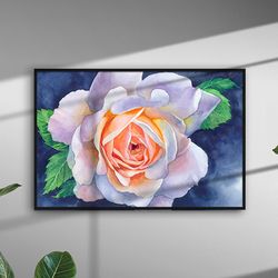 Rose on a blue background Watercolor painting for printing Digital file Poster A2