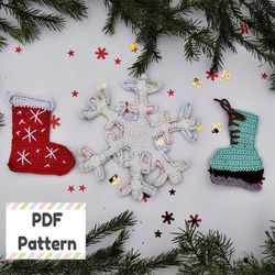 Snowfake crochet pattern, Mini stocking crochet pattern, Skates applique crochet pattern, Christmas crochet pattern