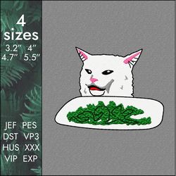 salad cat embroidery design, smudge meme kitty, 4 sizes