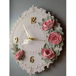 Nursery pink wall clock with pink roses in shabby chic style Silent wall clock for bedroom and children's room