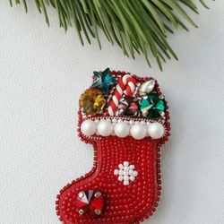 Christmas sock with gifts beaded crystal brooch, Christmas unisex gift