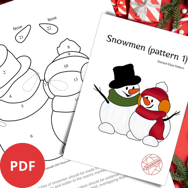 Stained-glass-pattern-Christmas-suncatcher-two-snowmen-in-an-embrace-download-pdf-snowman-in-hat-snowman-in-earmuffs