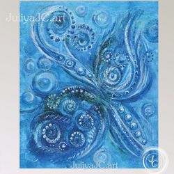 Blue Butterfly Painting Blue Turquoise Abstract Wall Art Fantasy Original Art Fairytale artwork Magical art by Juliya JC