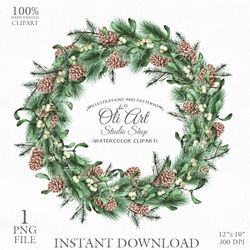 Merry Christmas Wreath Clip Art. Digital Clipart, Hand Drawn Graphics, Digital Download. OliArtStudioShop