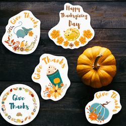 Thanksgiving Day sticker pack with wreaths, animals, fall leaves, pumpkins, spice latte, fox, bear, autumn vector
