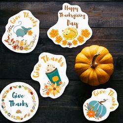 thanksgiving day sticker pack with wreaths, animals, fall leaves, pumpkins, spice latte, fox, bear, autumn vector