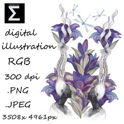 Illustration Watercolor art pattern Gemini Purple flowers Magic nature Printing postcards posters Home gallery Decor DIY