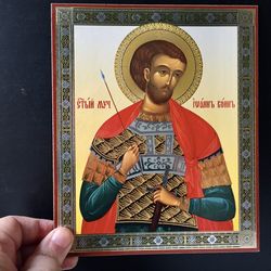 St John the Warrior | Lithography print on wood, double varnish | Gold and Silver foiled icon | Size: 8 3/4"x7 1/4"