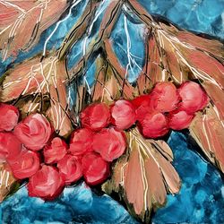 Red viburnum berries original oil painting 6", Viburnum tree branch wall art, Impressionist branch leaves art