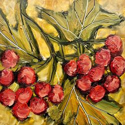 viburnum branch original oil painting 6", viburnum berries wall art, branch leaves art, fall autumn leaf art