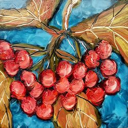 Viburnum branch original oil painting 6", Viburnum berries wall art, Branch leaves art, Modern farmhouse art