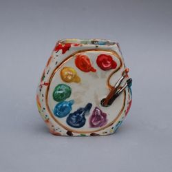Artist's palette Ceramic Holder Small flat vase Decorative figurine Rainbow style, Brush, pencils Holder Artist gift