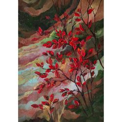 Red Leaves Painting Fall Original Art Oil Painting on Canvas Fall Leaf Artwork 14 by 10 Autumn Wall Art by AlyonArt