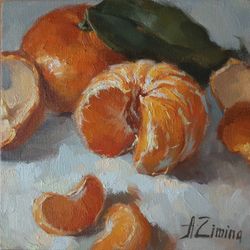 Tangerine painting, small oil painting still life, original fruit painting for kitchen