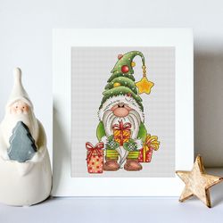 Gnome in Christmas tree hat cross stitch pattern PDF, gnome cross stitch, christmas gnome, christmas cross stitch